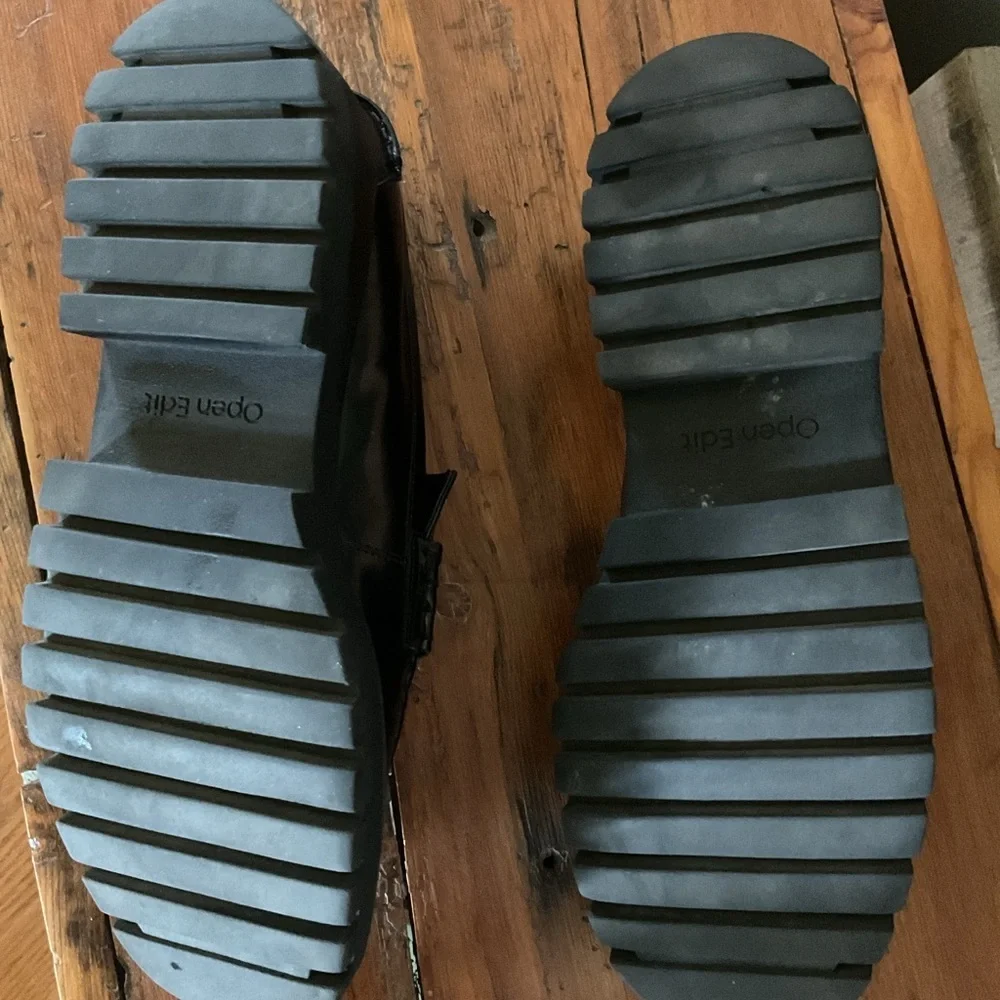 Open Edit Black Patent Leather chunky Loafers with Gold Buckle size 9.5